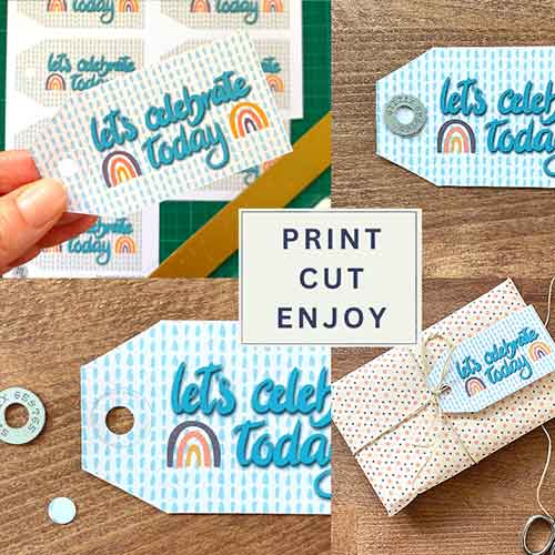 Geschenkanhänger mit "let's celebrate"-Schriftzug und Bildern, wie man diese ausschneidet, zu einem Blogbeitrag über die Vorbereitungen zu einem Etsy-Shop.