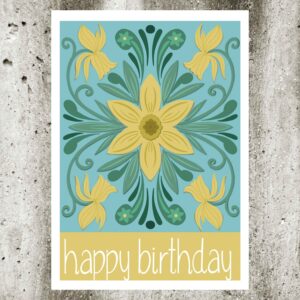 Digitale Geburtstagskarte mit einer Narzisse und happy birthday-Schriftzug in einem Blogbeitrag über digitale und analoge Kreativität.