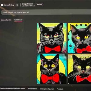 Die Künstliche Intelligenz erschafft ein Bild einer Katze mit einer roten Schleife.