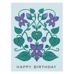 Illustration eines Veilchens im symmetrischen Folk art-Stil mit "happy birthday"-Schriftzug