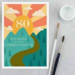 Einladung zum 80. Geburtstag mit einem Waldweg und einem Sonnenuntergang.