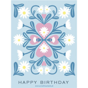Frontansicht einer Geburtstagskarte mit Gänseblümchen im Folk art-Stil und "happy birthday"-Schriftzug am unteren Rand.